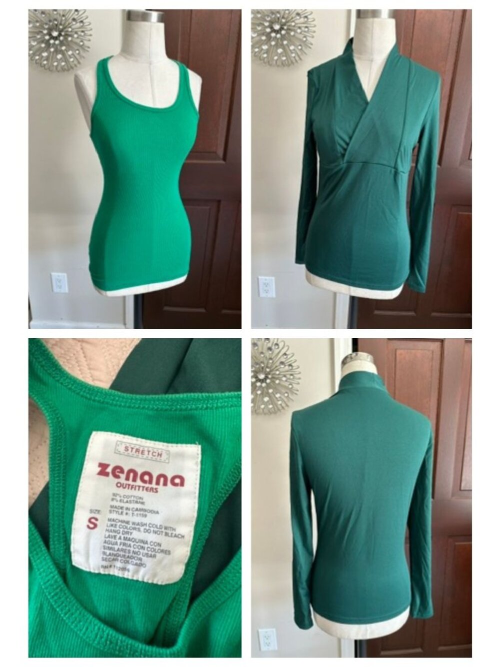 2 ladies green top L/S top and zenana ribbed racerback S